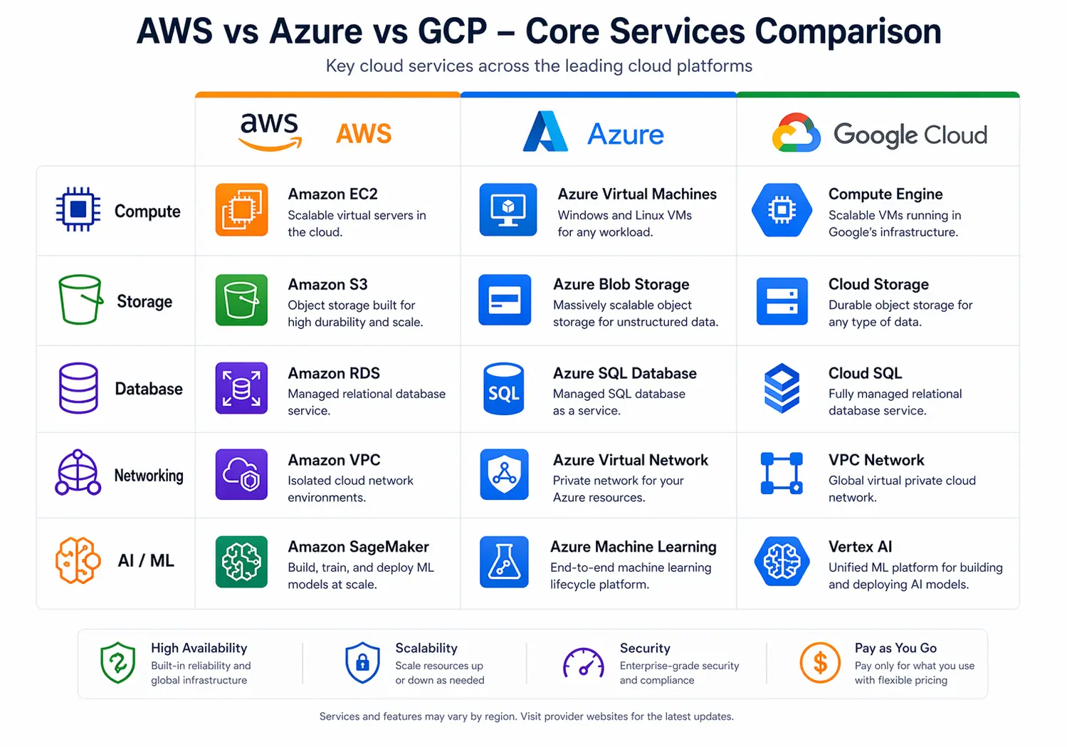 Comparison of AWS, Azure, and Google Cloud core services