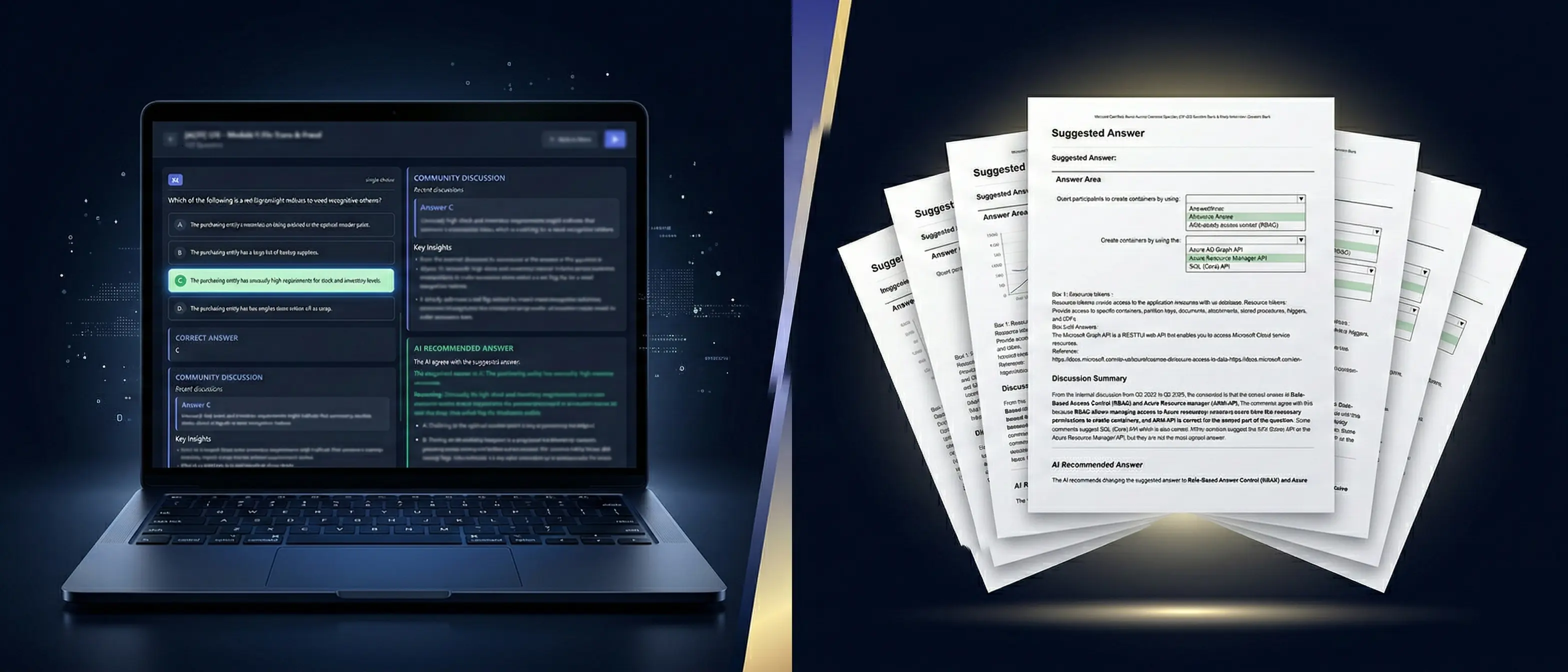 Side-by-side comparison of the NotJustExam interactive web app on a laptop screen and the printable PDF on the right, showing exam questions with AI explanations