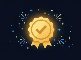 Illustration of passing a certification exam with a gold badge and checkmark